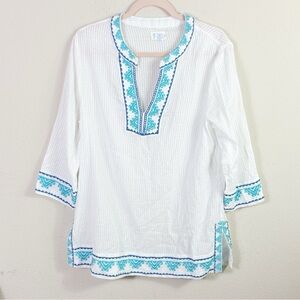Sigrid Olsen White Blue Embroidered Trims V-neck Top Tunic Coverup size Large